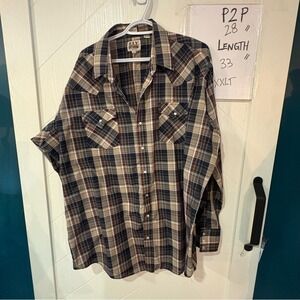 Ely Cattleman Plaid Western‎ Pearl Snap Shirt Mens XXLT Tall Man Brown Navy Blue